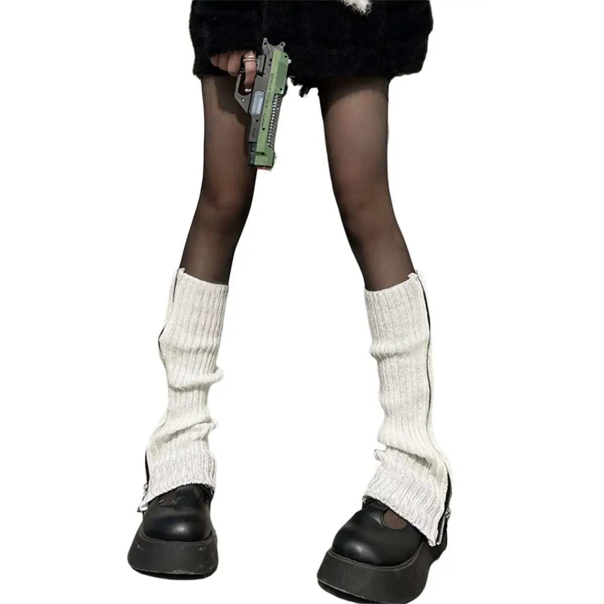 Fernvia Womens Lolita Knit Long Socks Leg Warmers White Zipper | Harajuku Japanese Kawaii Boot Socks Winter Ankle Heap Sock - main product image