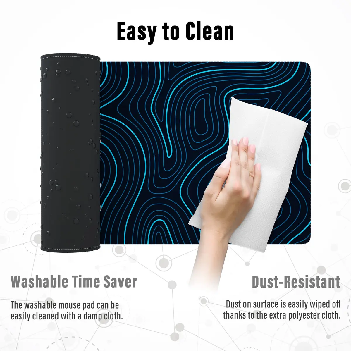 Ovenbird Gaming Mouse Pad with Stitched Edges, Topographic Map Blue Extended XL Mousepad for Desk, 80cm x 30cm, Rubber & Polyester - view 6