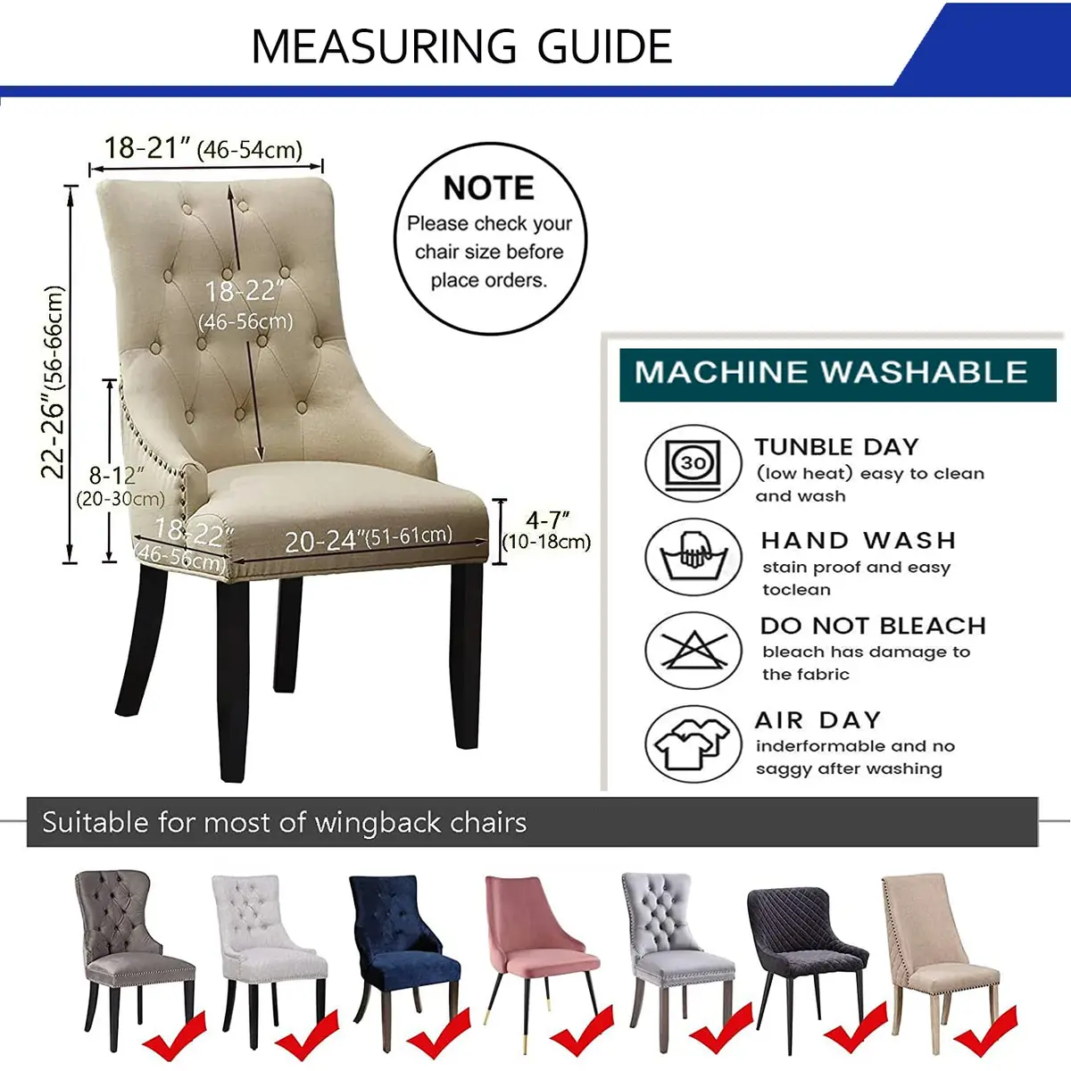 LANSHENG Reusable Wingback Chair Cover Khaki | Washable & Elastic Fit (120-130 chars) - view 3