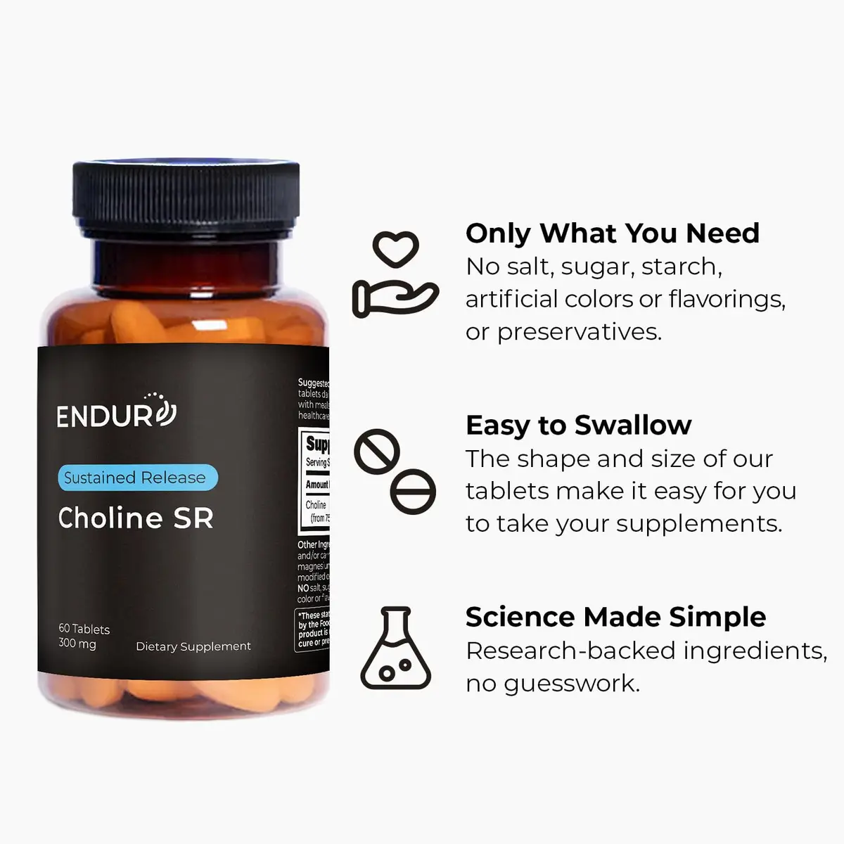 Endurance Products ENDUR Choline L(+) Bitartrate 300mg | Sustained Release, 60 Tablets for Brain & Liver Support - view 5