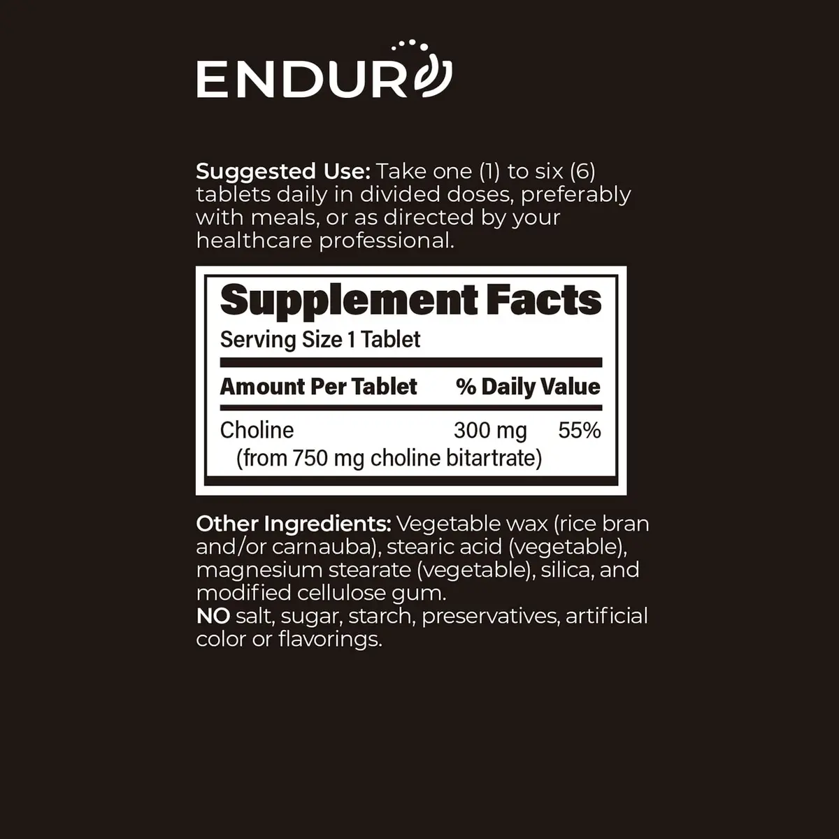 Endurance Products ENDUR Choline L(+) Bitartrate 300mg | Sustained Release, 60 Tablets for Brain & Liver Support - view 6