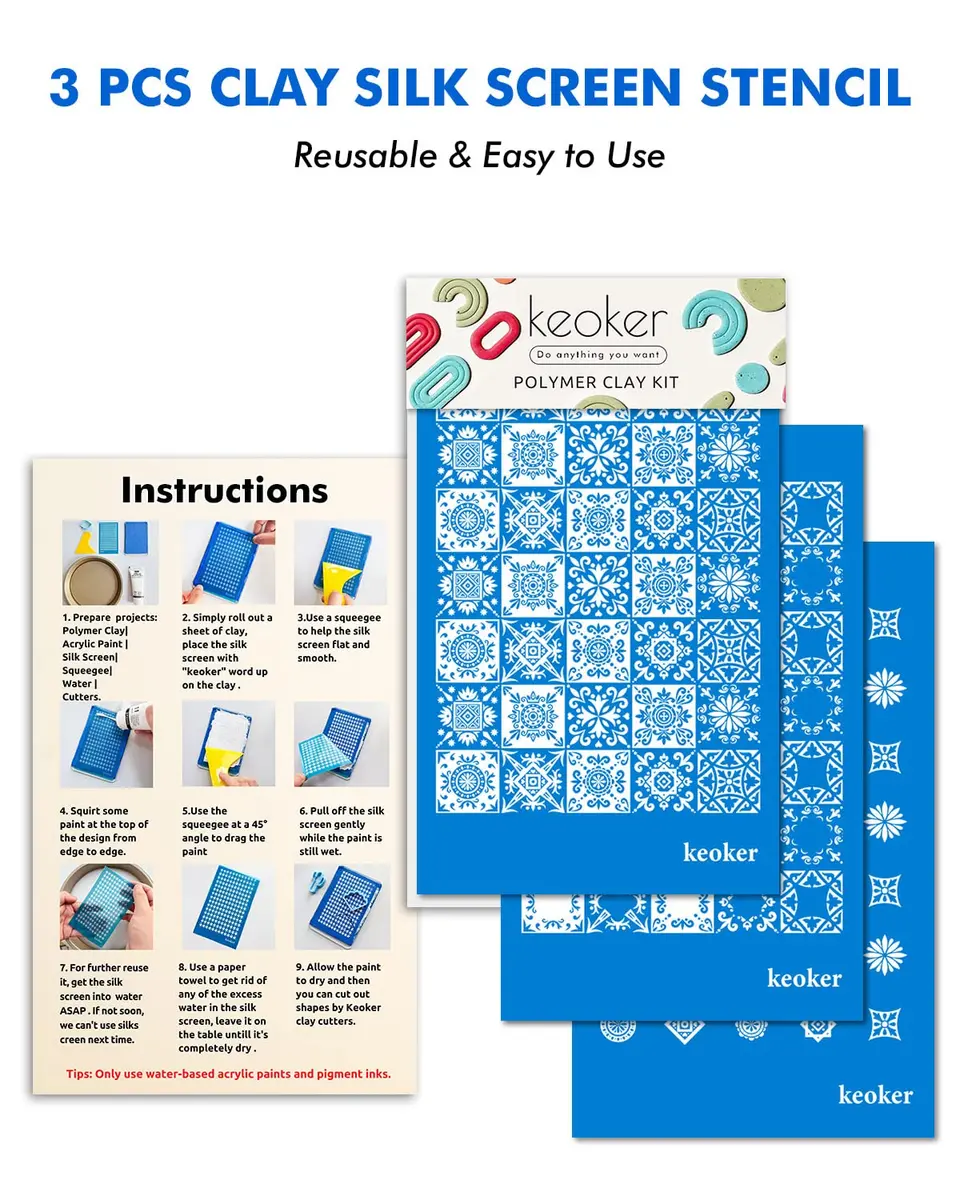 Keoker 3PCS Tile Silk Screen Stencils for Polymer Clay | Tile Pattern Polymer Clay Stencil (70-120 chars) - view 2