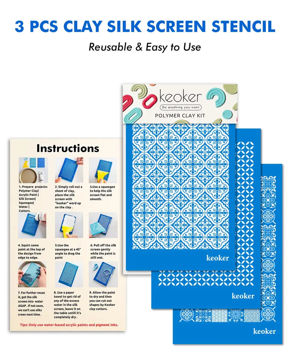 Keoker Silk Screen Stencils for Polymer Clay 3PCS Tile Pattern | Reusable Water-Based Acrylic - view 2