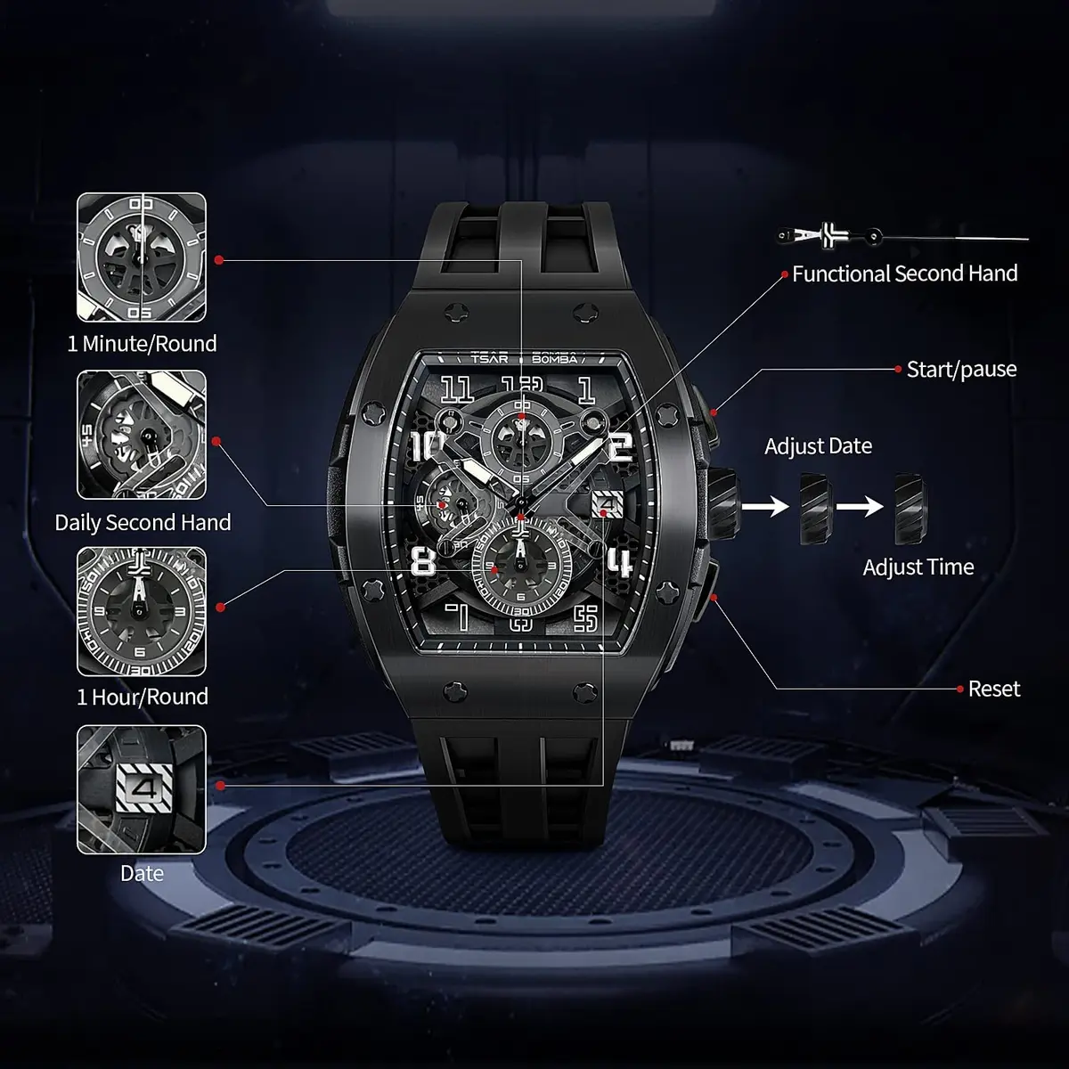 TSAR BOMBA Men's Quartz Wristwatch Waterproof 50M | Luxury Tonneau Chronograph for Men - view 5