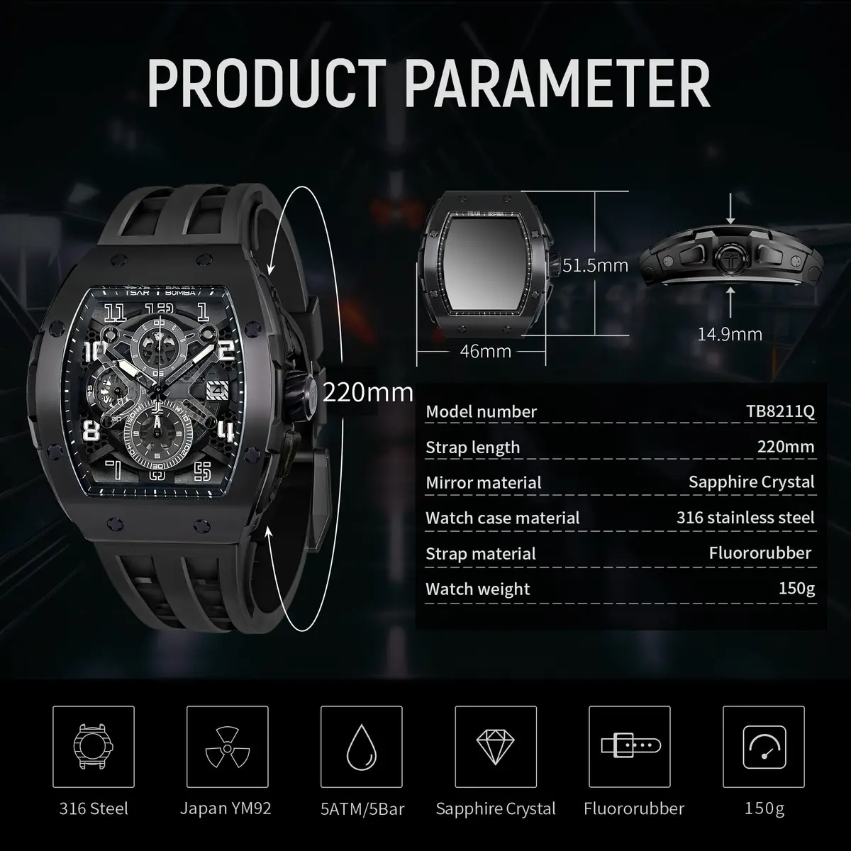 TSAR BOMBA Men's Quartz Wristwatch Waterproof 50M | Luxury Tonneau Chronograph for Men - view 4