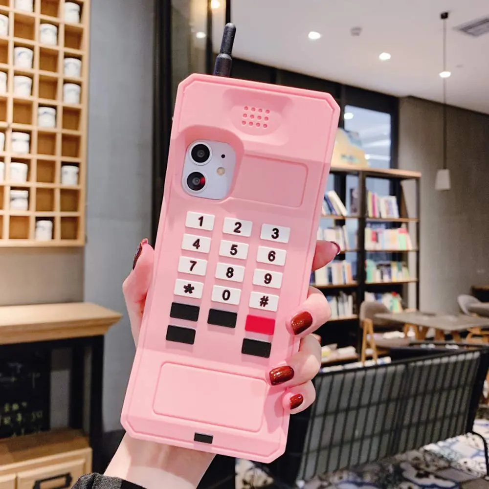 UnnFiko Retro Cellphone Pink Silicone Case for iPhone 14 Pro (6.1-inch) | Fun Stand Feature - view 2