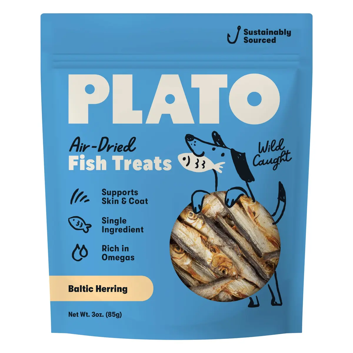 PLATO Single Ingredient Baltic Herring Dog Treats, 3 oz | Omega-Rich, Air-Dried Fish for Skin & Coat Support - main product image