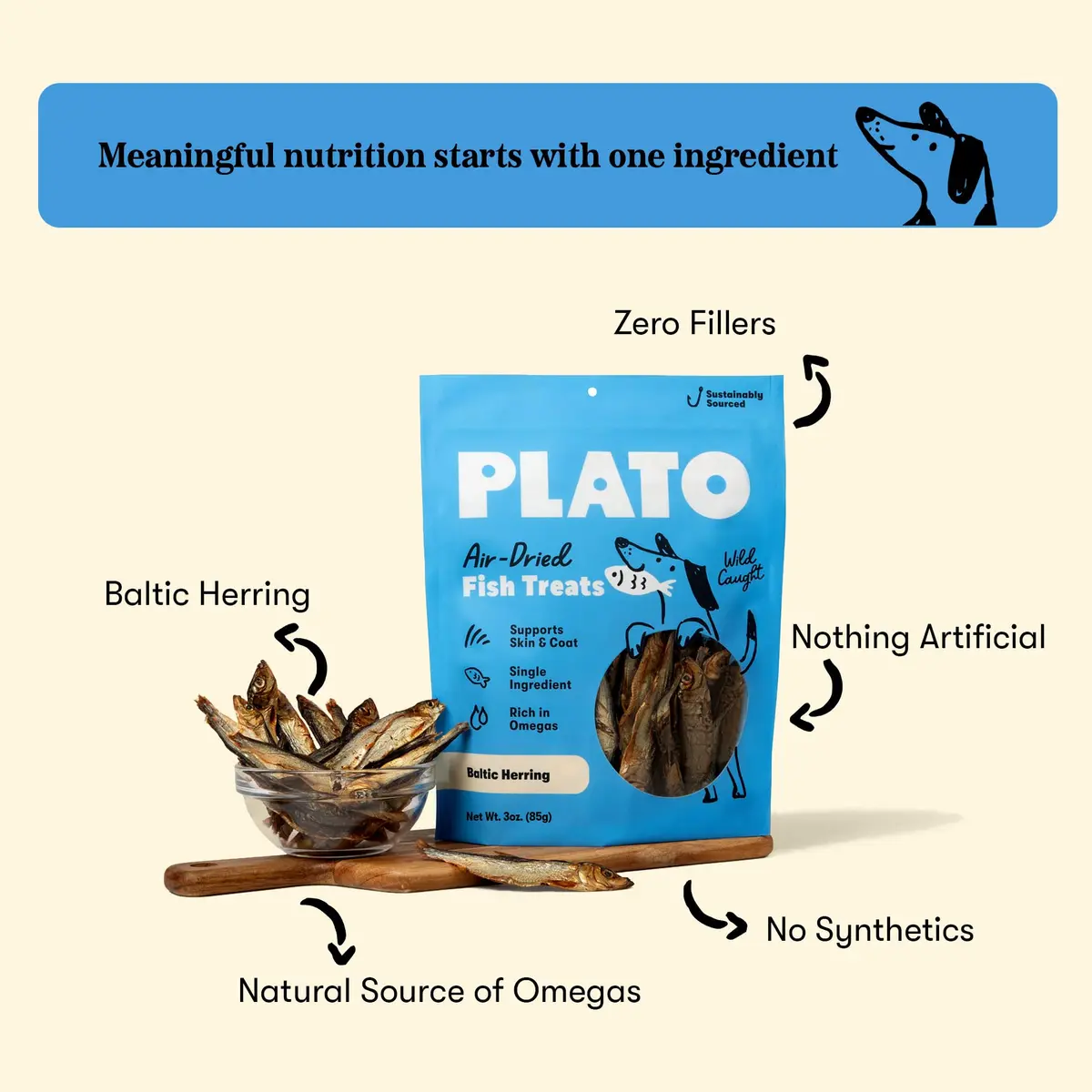 PLATO Single Ingredient Baltic Herring Dog Treats, 3 oz | Omega-Rich, Air-Dried Fish for Skin & Coat Support - view 2