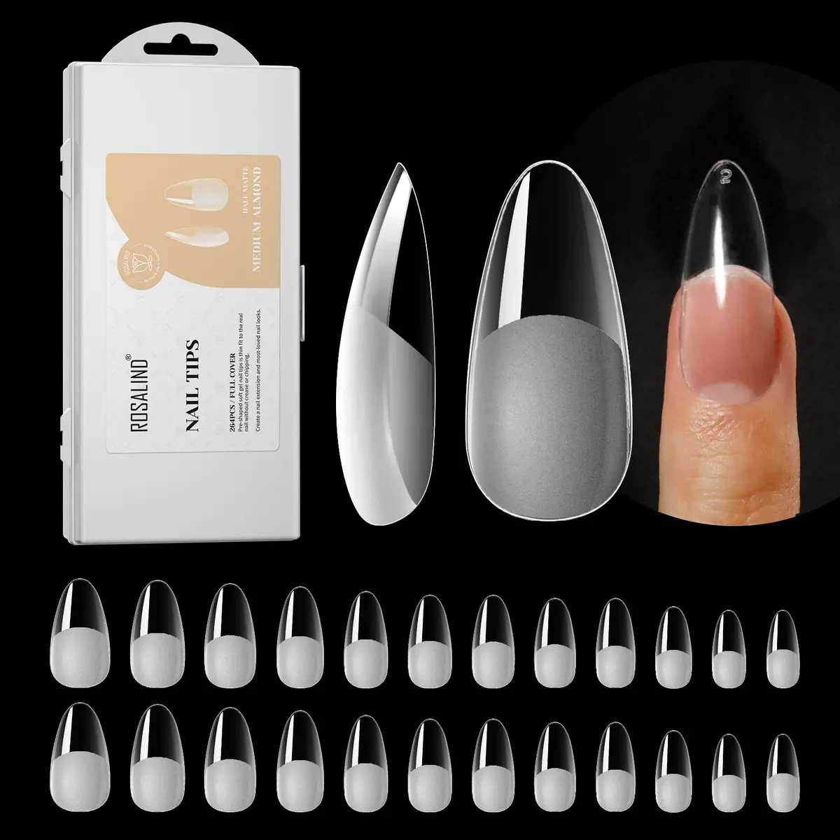 ROSALIND 264PCS Half Matte Almond Fake Nail Tips | Medium Full Cover Acrylic Nails for Women (264 pcs, Half Matte) - main product image