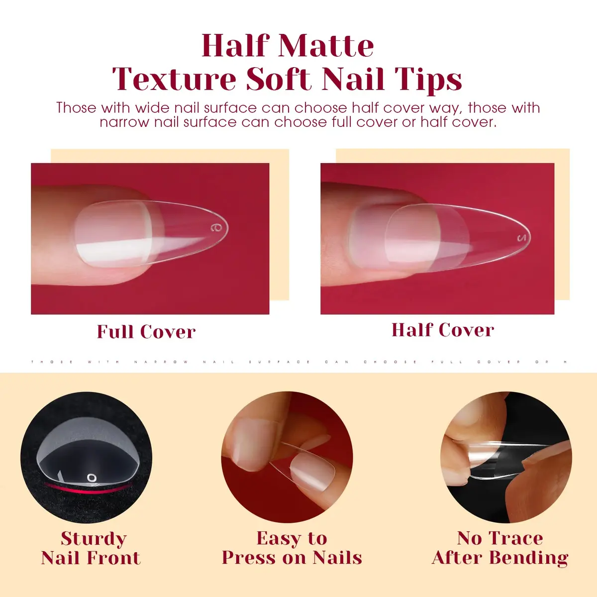 ROSALIND 264PCS Half Matte Almond Fake Nail Tips | Medium Full Cover Acrylic Nails for Women (264 pcs, Half Matte) - view 6