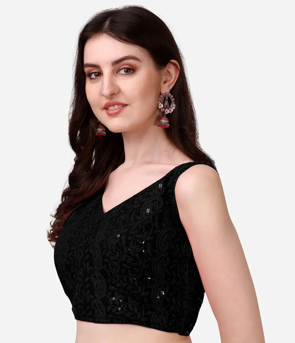 Pujia Mills Women's Georgette Sipali Sequin Sleeveless Blouse, Black, 38 | Elegant Indian Party Wear - view 2