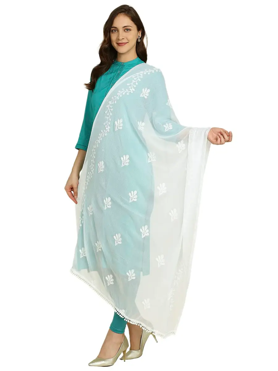 DUPATTA BAZAAR Embroidered Chiffon Dupatta with Pom Pom Lace, 2.4 meters (94.5 inches) | White - main product image