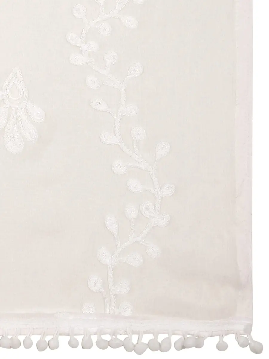 DUPATTA BAZAAR Embroidered Chiffon Dupatta with Pom Pom Lace, 2.4 meters (94.5 inches) | White - view 5