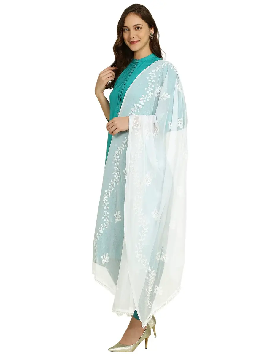 DUPATTA BAZAAR Embroidered Chiffon Dupatta with Pom Pom Lace, 2.4 meters (94.5 inches) | White - view 2