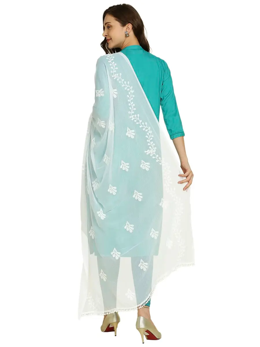 DUPATTA BAZAAR Embroidered Chiffon Dupatta with Pom Pom Lace, 2.4 meters (94.5 inches) | White - view 3