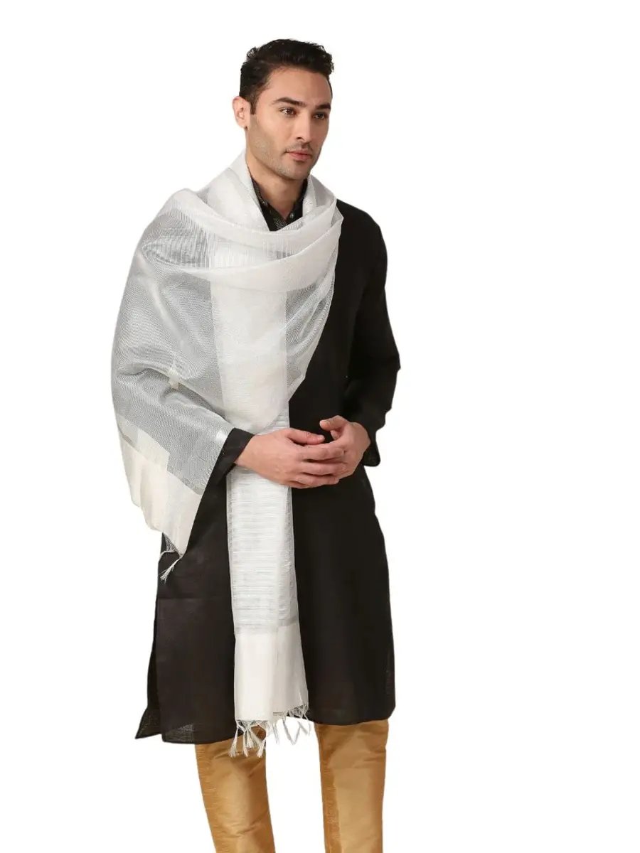 DUPATTA BAZAAR Men's Silk Dupatta for Kurta/Sherwani/Achkan 2.4m (94.5 inches) Silver | Elegant Ethnic Accessory - view 7