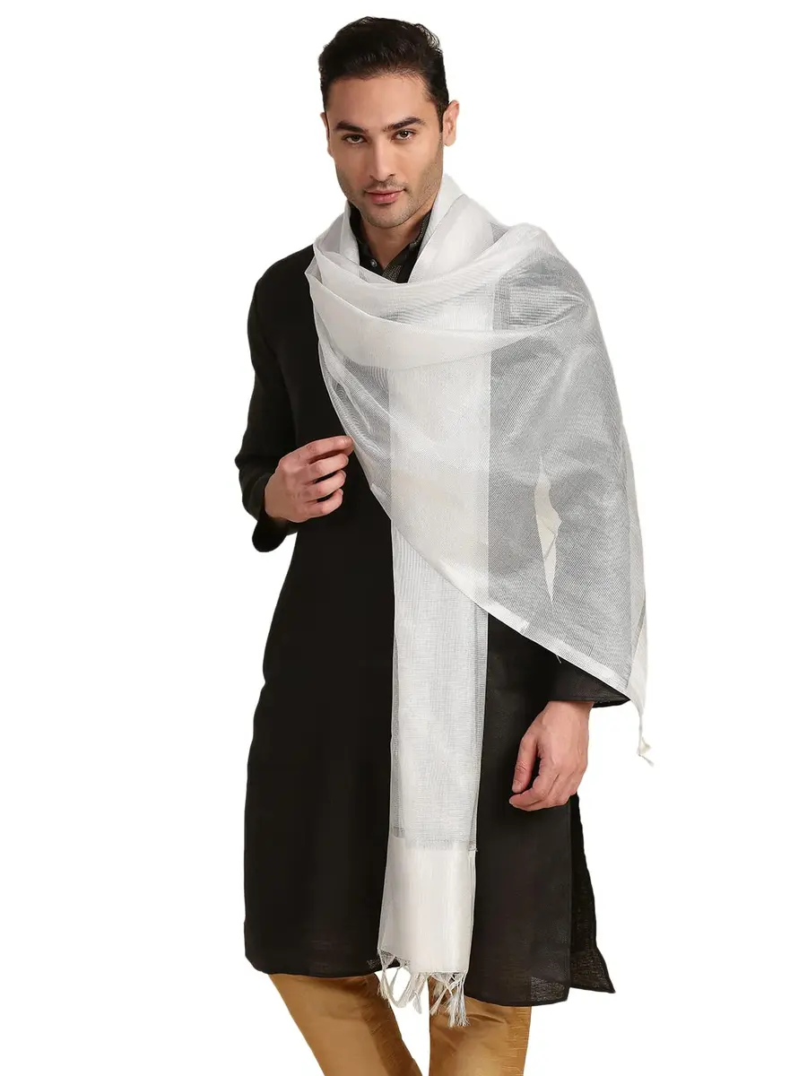 DUPATTA BAZAAR Men's Silk Dupatta for Kurta/Sherwani/Achkan 2.4m (94.5 inches) Silver | Elegant Ethnic Accessory - view 4