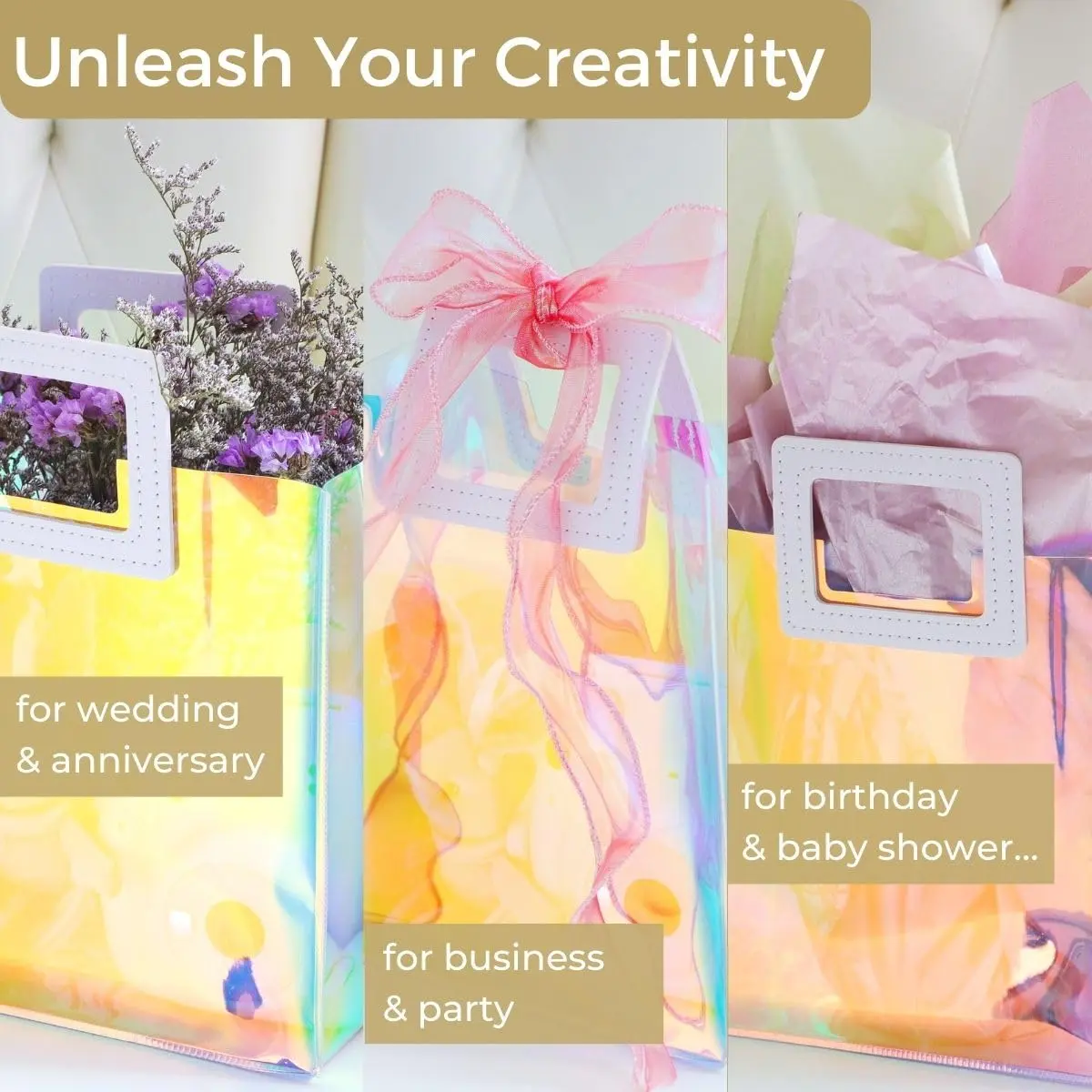 VUOJUR 8.3'' Holographic Gift Bags Pack of 10 | Reusable Birthday Gift Wrap - view 3