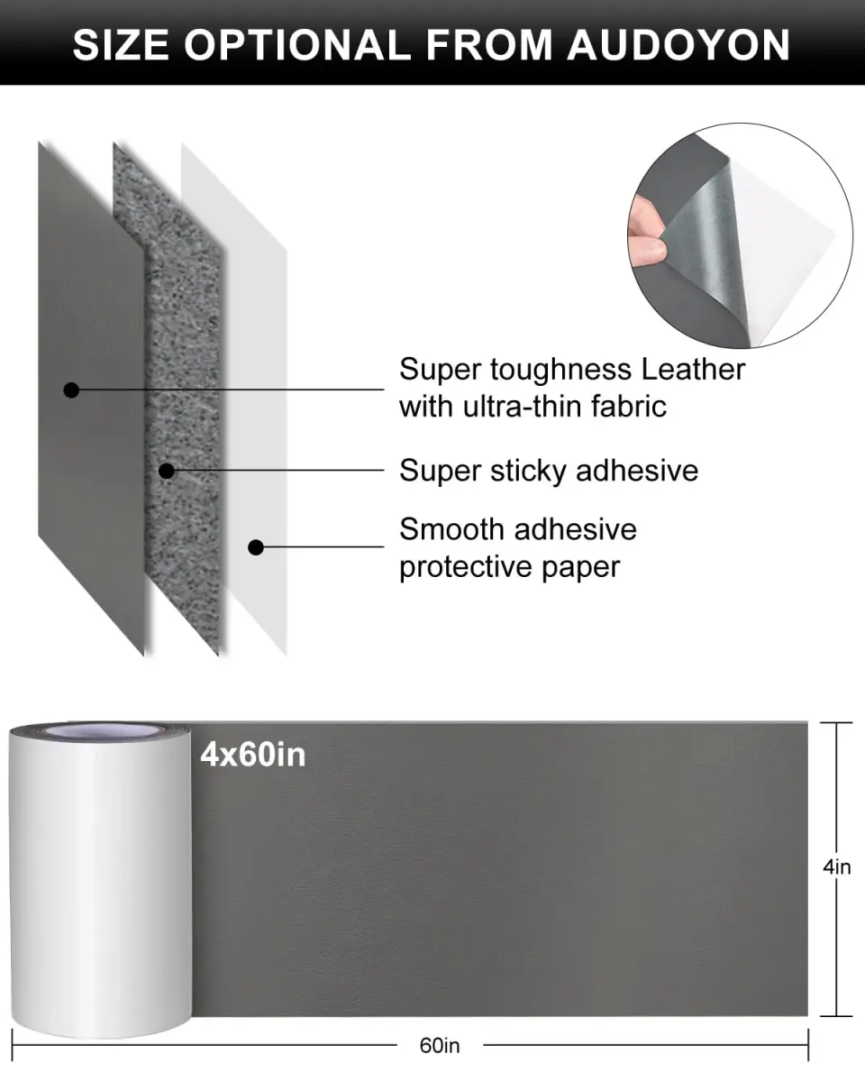 Numola Gray PU Leather Repair Patch 10cm x 152cm (4" x 60") | Anti-Scratch Upholstery Tape for Sofas, Car Seats, Bags - view 2