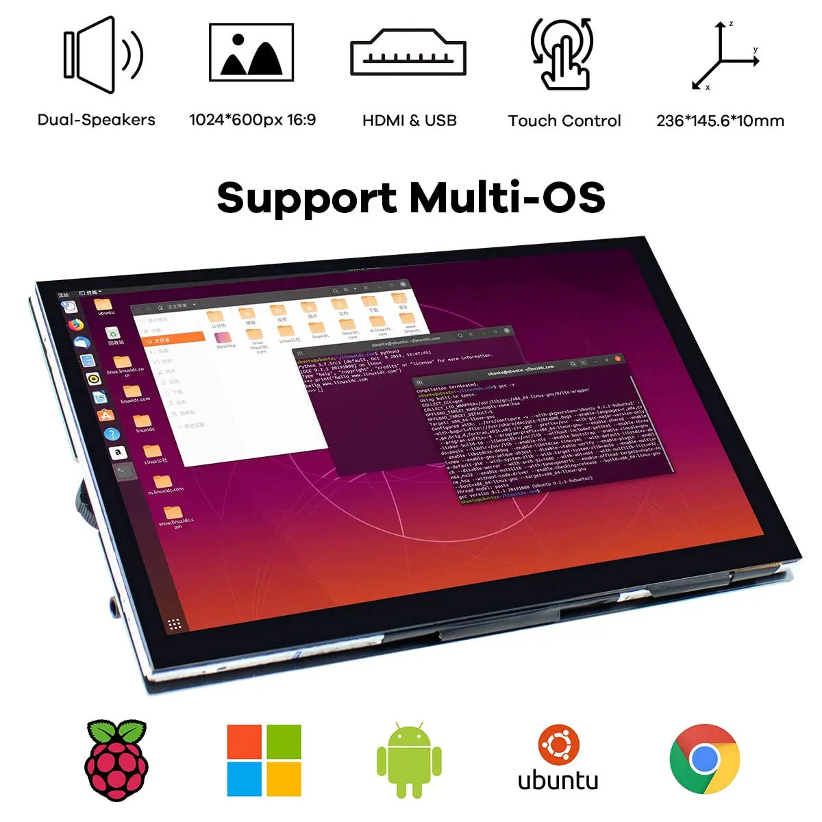 Hosyond 10.1" IPS LCD Capacitive Touch Screen Monitor 1024x600 | Dual Speakers & HDMI Input - view 3