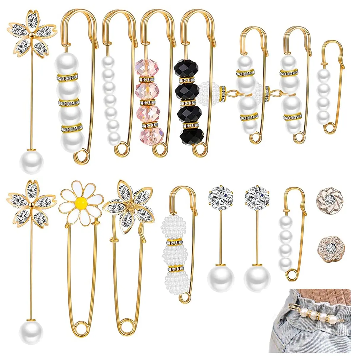 SANNIDHI Red Pearl Brooch Safety Pins for Women & Girls | 17-Piece Set - main product image