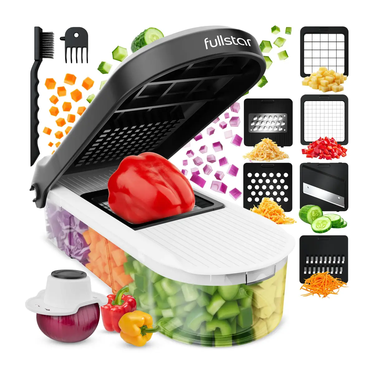 Fullstar 6-in-1 Vegetable Chopper & Mandoline Slicer with Container | 1.2L Capacity, 6 Stainless Steel Blades, White/Black - main product image