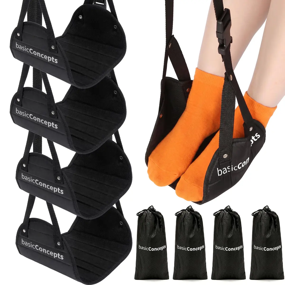 BASIC CONCEPTS Airplane Footrest Hammock 4 Pack | Adjustable Travel & Office Foot Rest - main product image