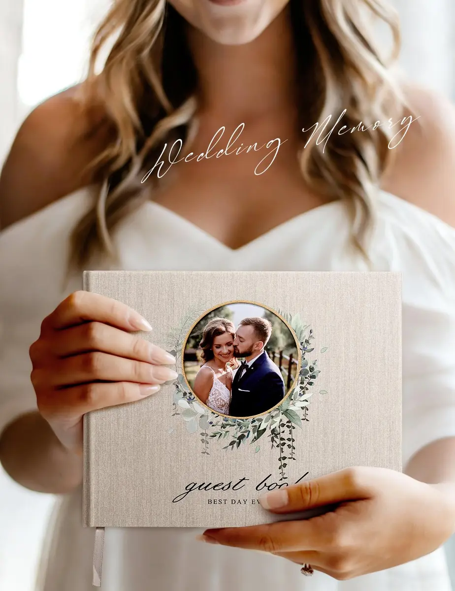 molekaus Wedding Guest Book Hardcover 8" x 10" (20.3 x 25.4 cm) with Photo Frame, 100 Pages | Classic Linen Design - view 5