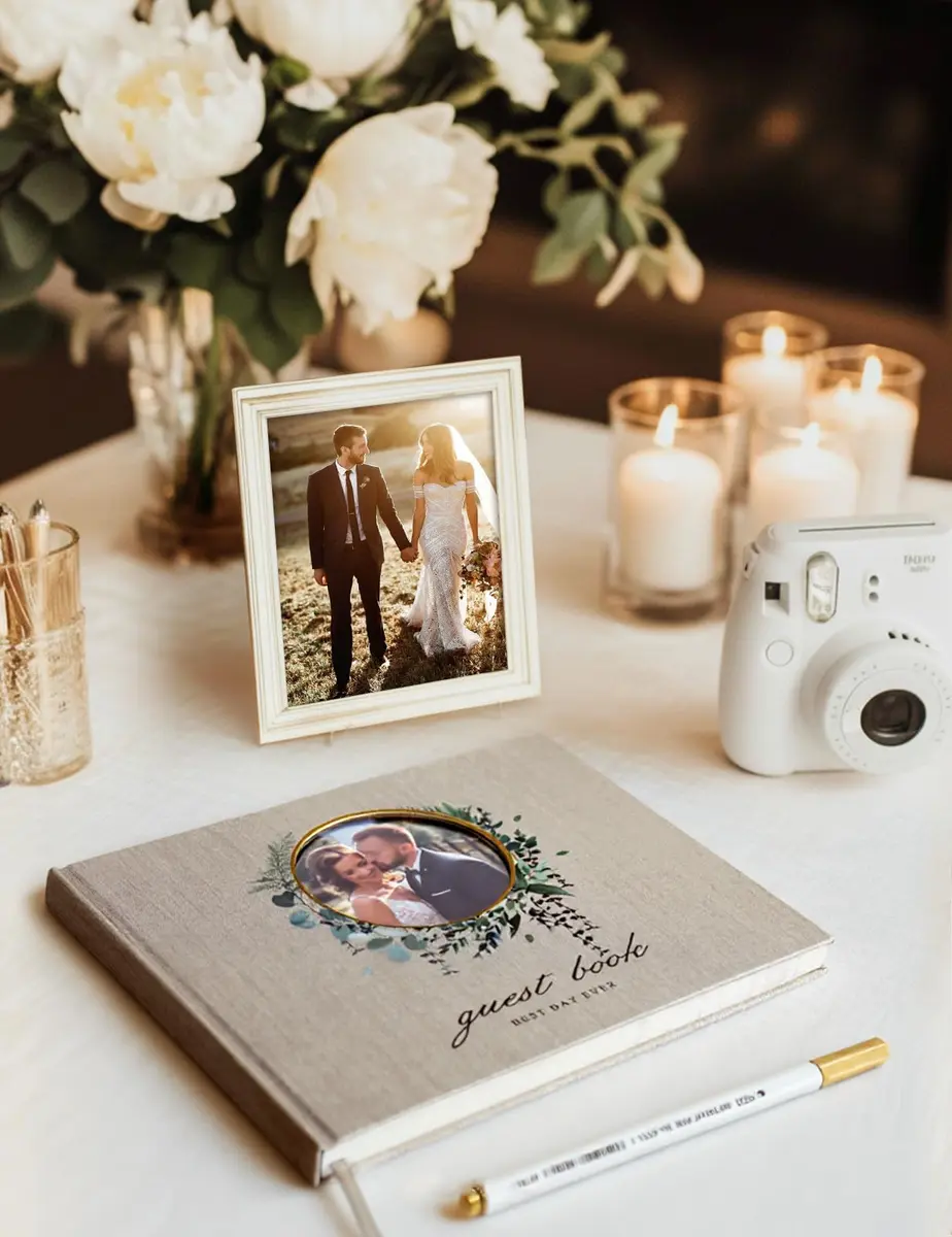 molekaus Wedding Guest Book Hardcover 8" x 10" (20.3 x 25.4 cm) with Photo Frame, 100 Pages | Classic Linen Design - view 6
