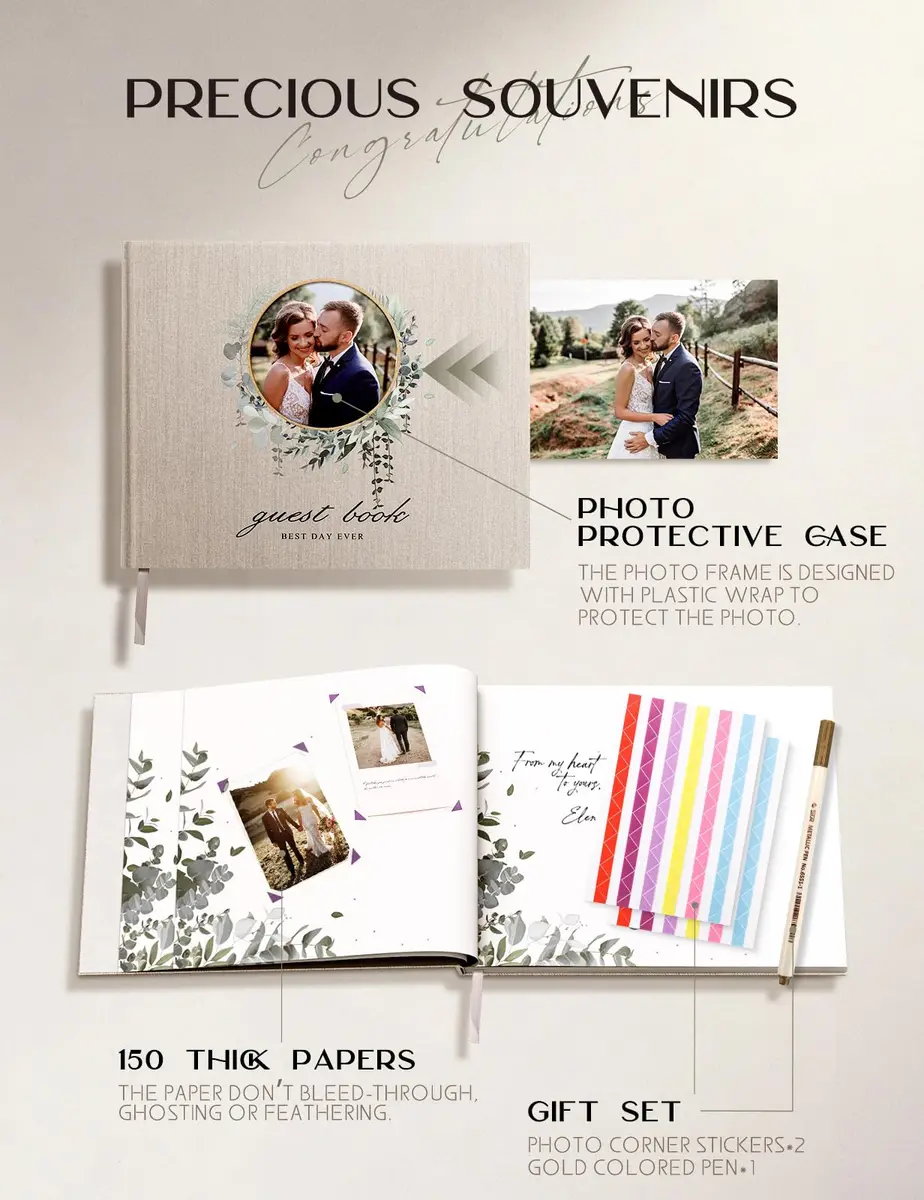 molekaus Wedding Guest Book Hardcover 8" x 10" (20.3 x 25.4 cm) with Photo Frame, 100 Pages | Classic Linen Design - view 2