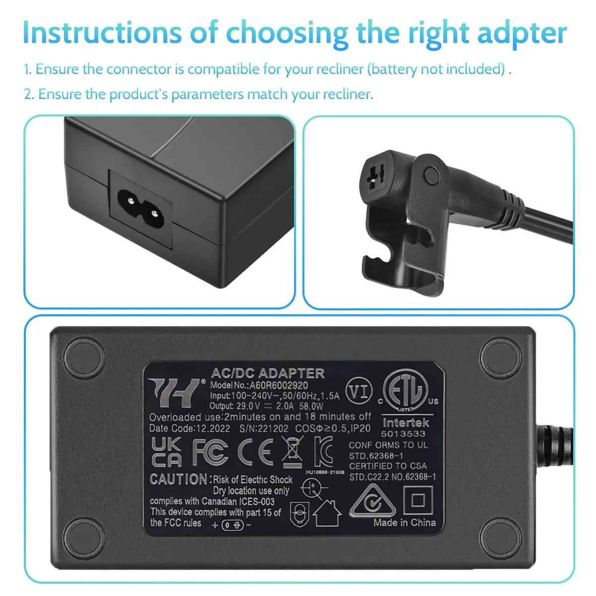 Sopito Power Supply for Recliner 29V 58W | AC/DC Adapter with 3 Cables for Lift Chairs - view 7