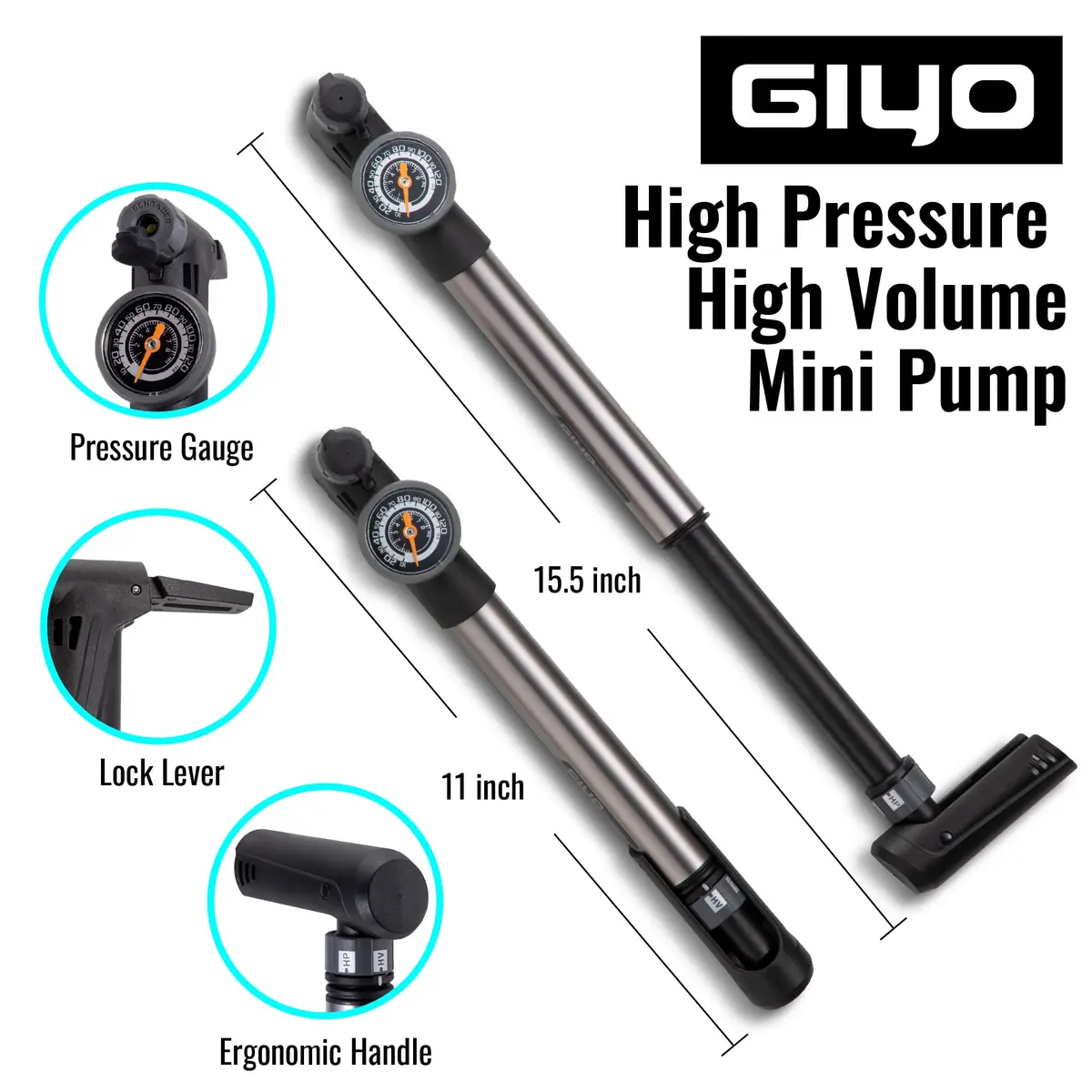 GIYO Mini Bike Pump with Gauge 2 Stage HP/HV 120 PSI | Easy Inflation for Road & MTB | Frame Mount Included | Taiwan Made (GP-993) - view 2