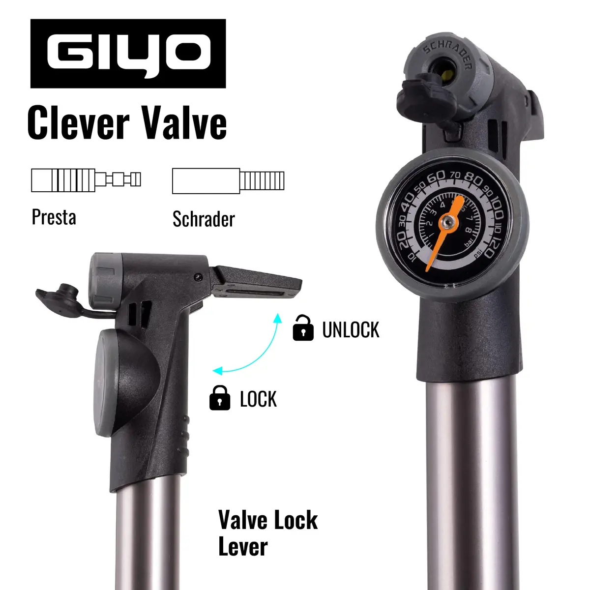 GIYO Mini Bike Pump with Gauge 2 Stage HP/HV 120 PSI | Easy Inflation for Road & MTB | Frame Mount Included | Taiwan Made (GP-993) - view 3
