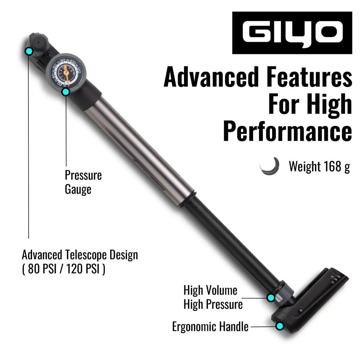 GIYO Mini Bike Pump with Gauge 2 Stage HP/HV 120 PSI | Easy Inflation for Road & MTB | Frame Mount Included | Taiwan Made (GP-993) - view 4