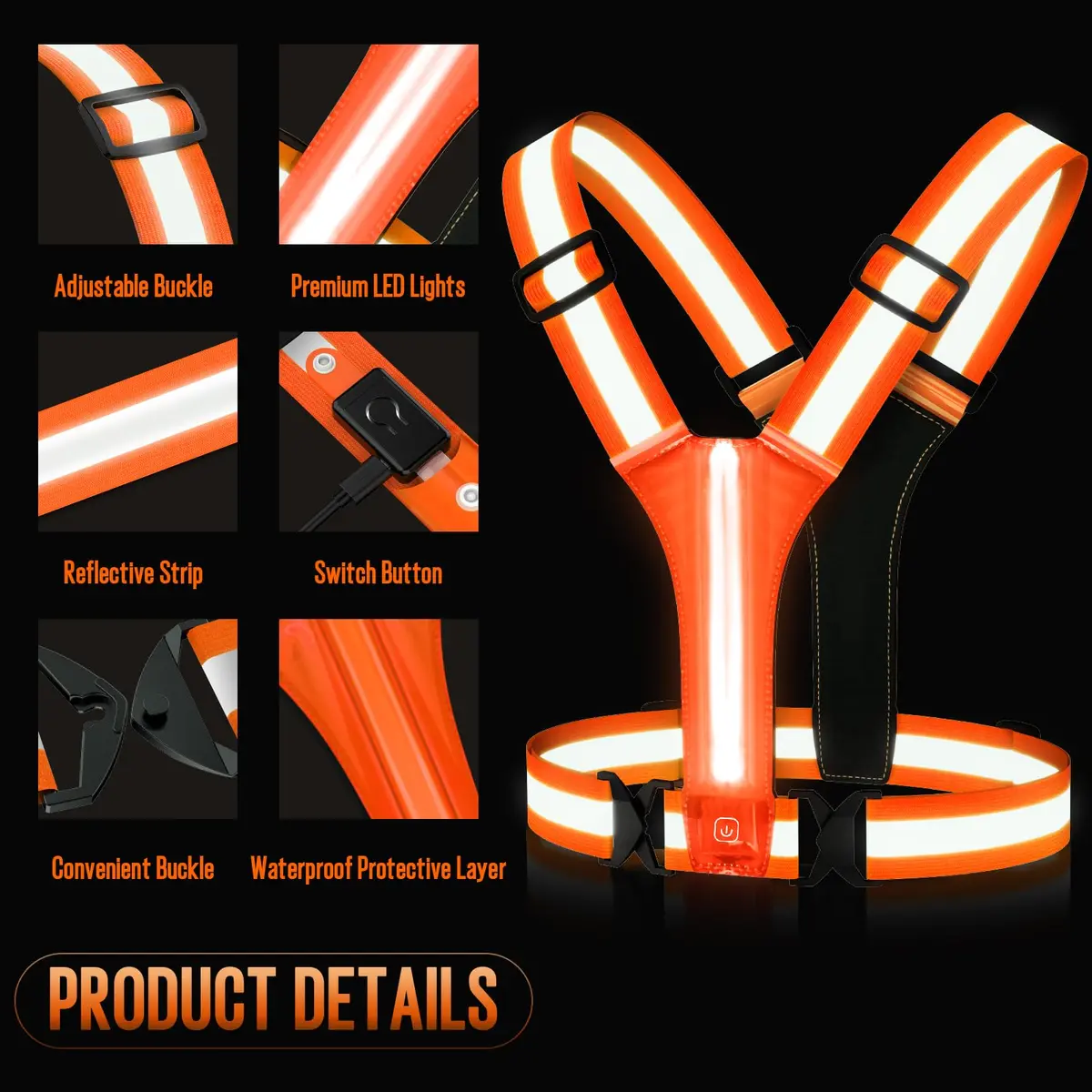 OMKHE LED Reflective Vest for Running & Cycling with Rechargeable Lights | Orange, Unisex - view 5