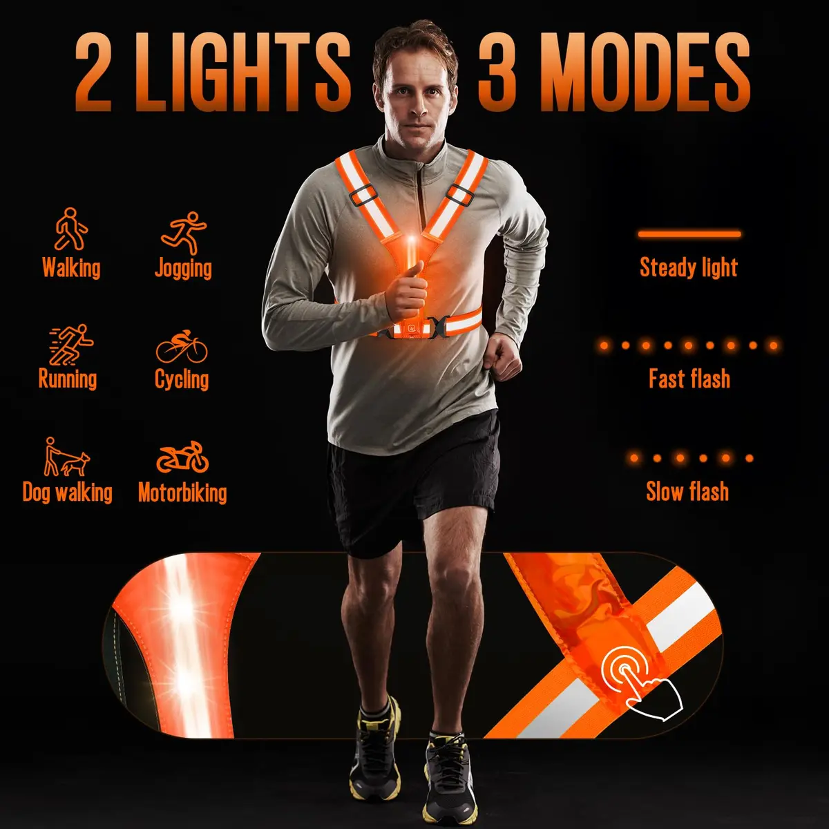 OMKHE LED Reflective Vest for Running & Cycling with Rechargeable Lights | Orange, Unisex - view 6