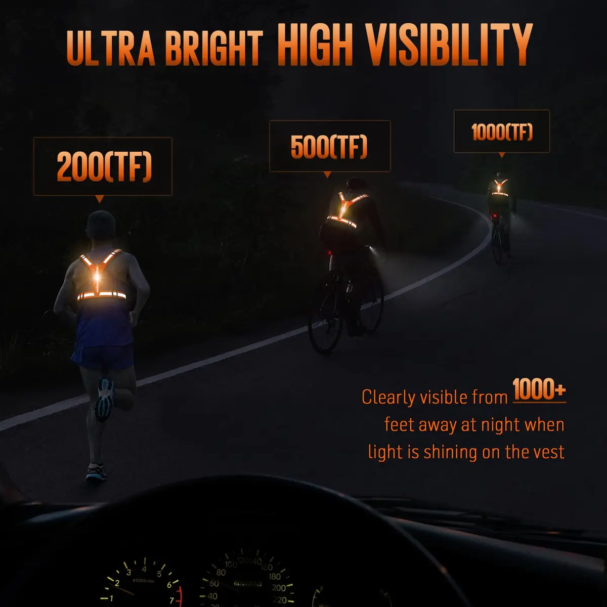 OMKHE LED Reflective Vest for Running & Cycling with Rechargeable Lights | Orange, Unisex - view 2