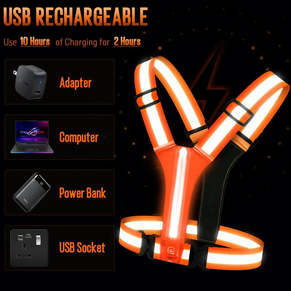 OMKHE LED Reflective Vest for Running & Cycling with Rechargeable Lights | Orange, Unisex - view 3