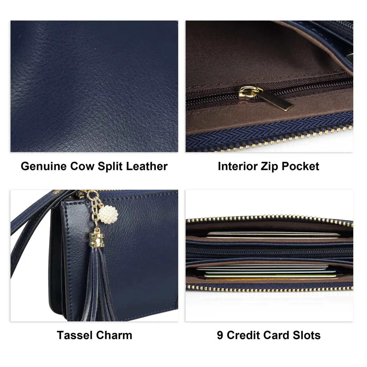 befen Genuine Leather Wristlet Clutch for Women Ultra-Slim Ladies Credit Card Holder Wallet Purses with RFID Protection (Navy Blue, 20.57cm x 10.92cm x 1.14cm) - view 6