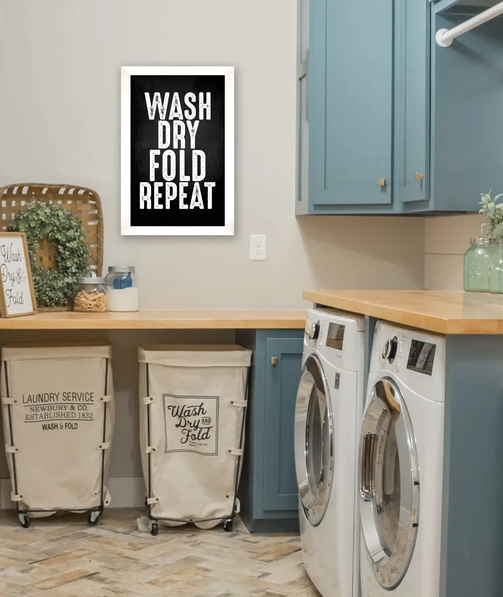 Inkdotpot White Laundry Room Sign with Frame 35.56x30.48 cm (14x12 Inches) | Modern Wash Dry Fold Repeat Wall Art - view 5
