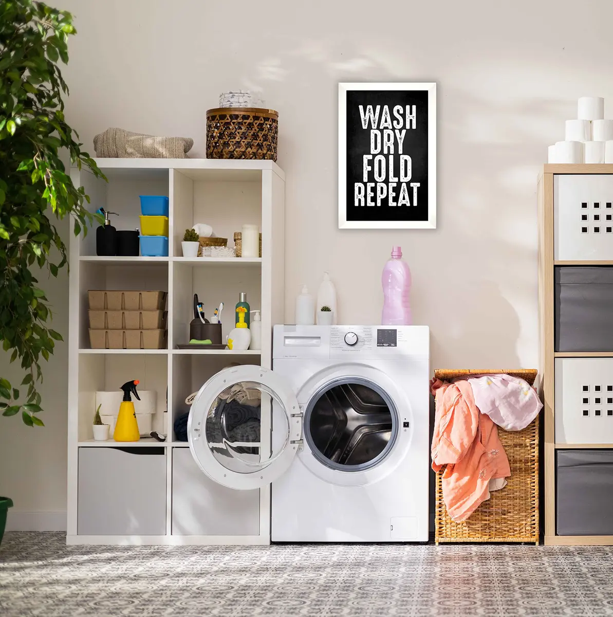 Inkdotpot White Laundry Room Sign with Frame 35.56x30.48 cm (14x12 Inches) | Modern Wash Dry Fold Repeat Wall Art - view 7