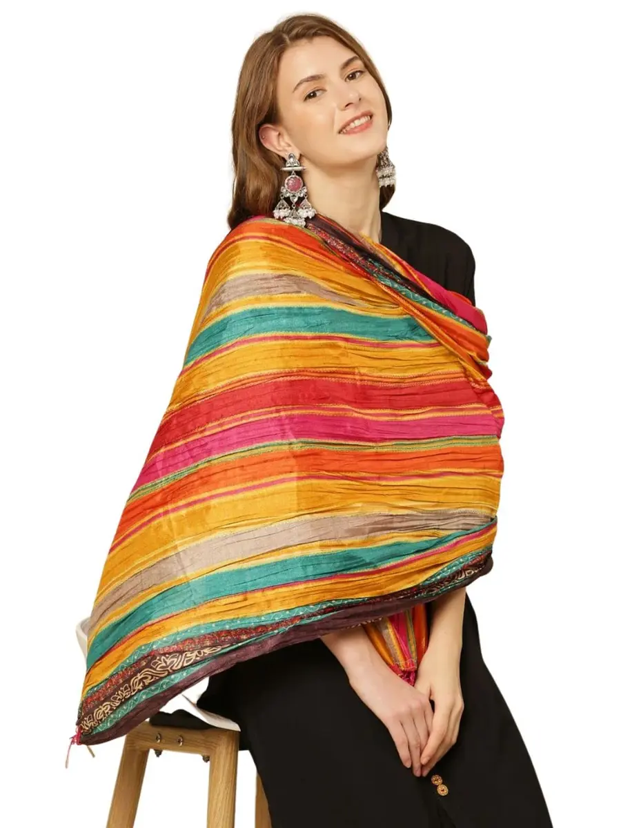 DUPATTA BAZAAR Women's Striped Print Art Silk Crushed Dupatta 240cm (94.5in) | Festive & Occasion Wear - view 7