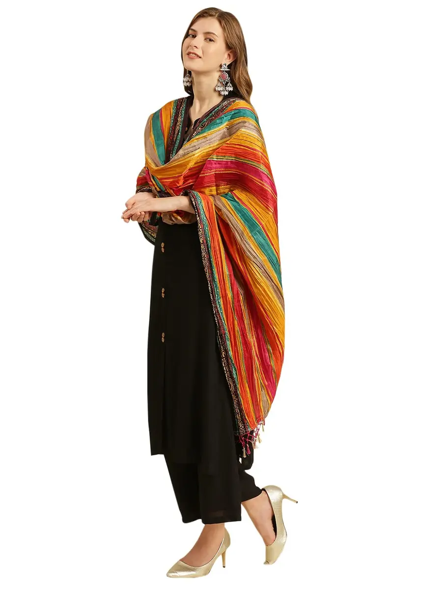 DUPATTA BAZAAR Women's Striped Print Art Silk Crushed Dupatta 240cm (94.5in) | Festive & Occasion Wear - view 3