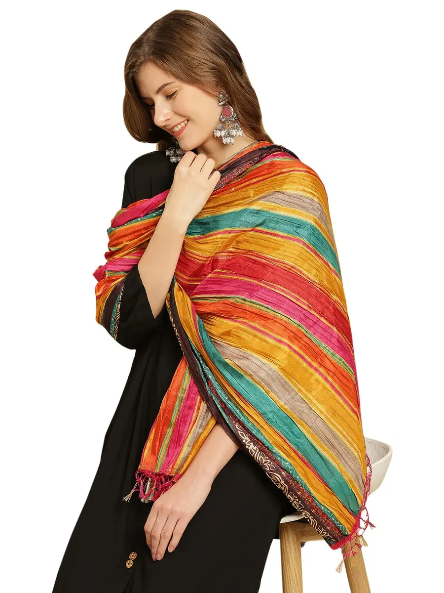 DUPATTA BAZAAR Women's Striped Print Art Silk Crushed Dupatta 240cm (94.5in) | Festive & Occasion Wear - view 4