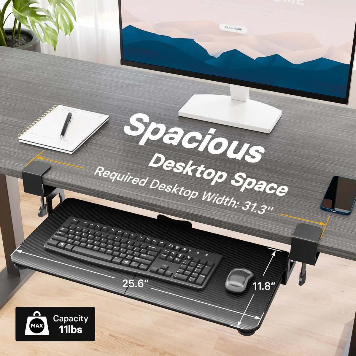 BONTEC Under Desk Keyboard Tray, Pull-Out Platform for Standard Keyboard & Mouse, 25.6" x 11.8" | Space-Saving Workspace Organizer - view 5