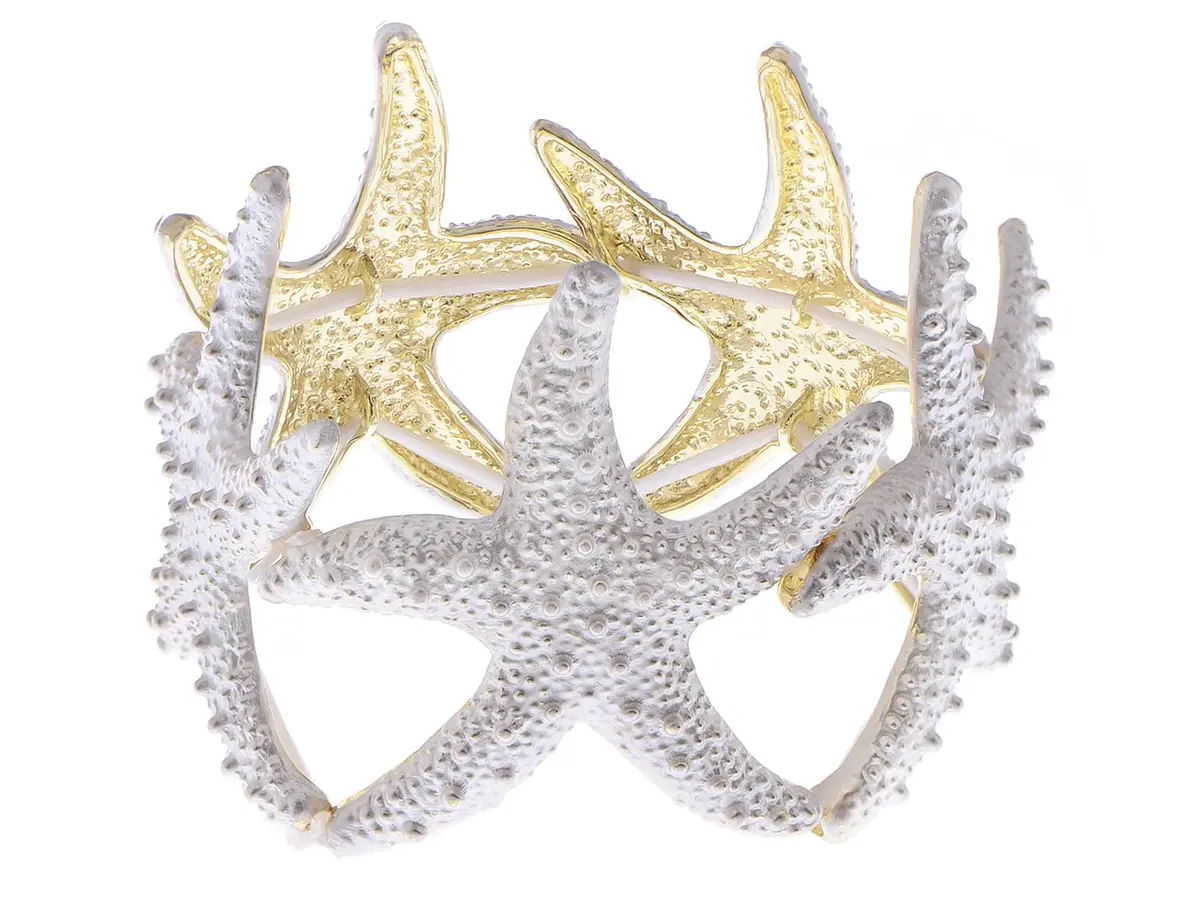 Alilang Shiny Textured Starfish Stretch Bangle Cuff Bracelet, White | Ocean-Inspired Sea Creature Jewelry - main product image