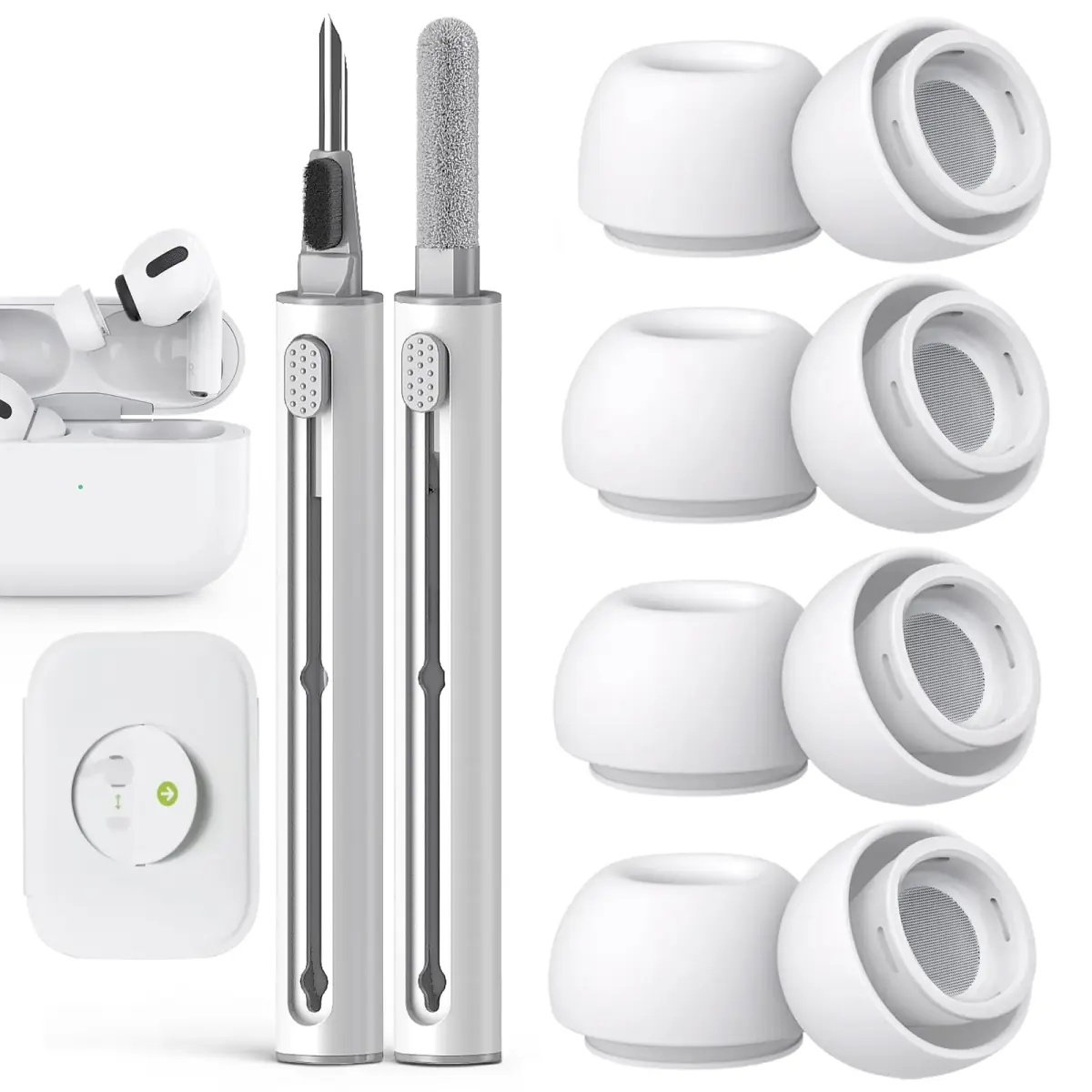 Pohgelan Replacement Ear Tips for AirPods Pro 2nd/1st Gen (XS/S/M/L, White) | 4 Pairs with Noise Reduction Holes & Dust Guard - main product image