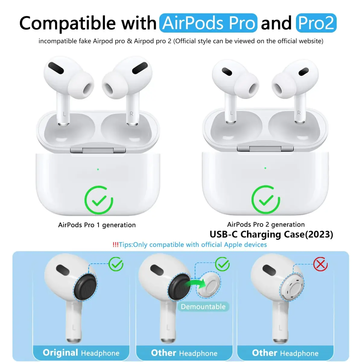 Pohgelan Replacement Ear Tips for AirPods Pro 2nd/1st Gen (XS/S/M/L, White) | 4 Pairs with Noise Reduction Holes & Dust Guard - view 2