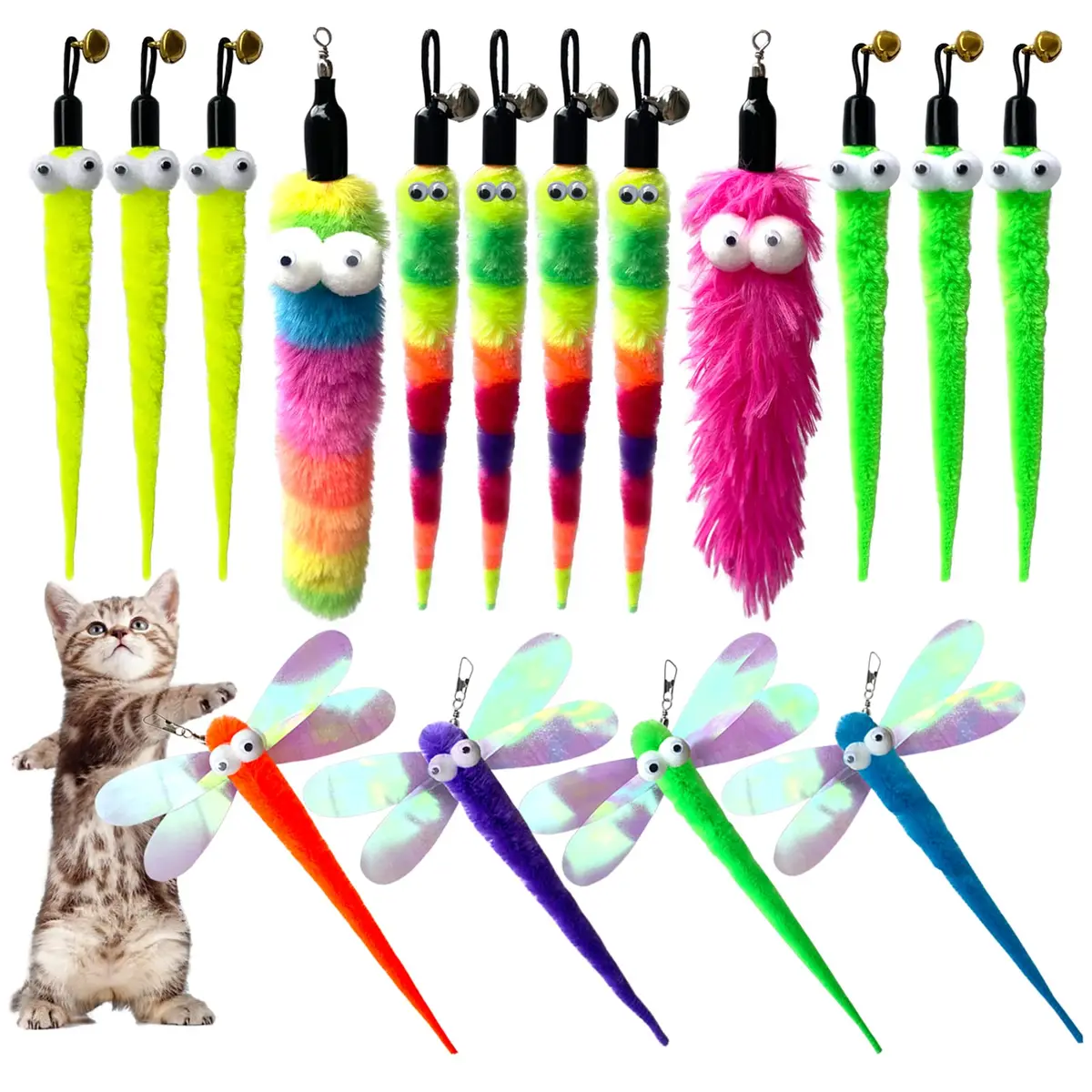 AcceLeah 16Pcs Cat Wand Refills, Worm & Dragonfly Attachments | Natural Plush, Safe & Durable - main product image