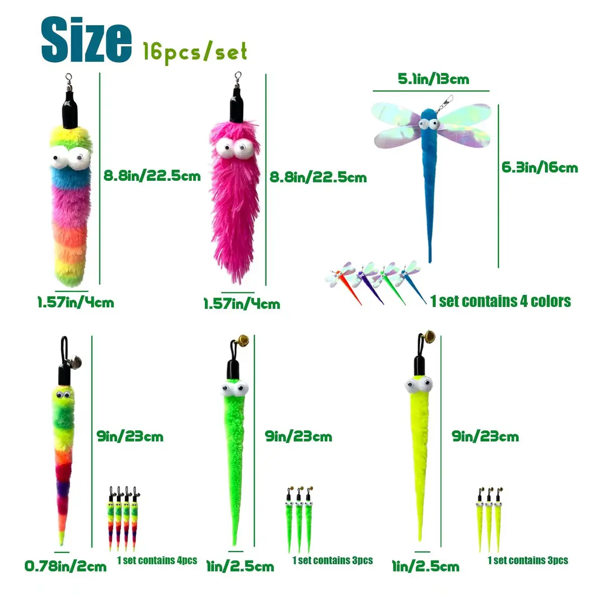 AcceLeah 16Pcs Cat Wand Refills, Worm & Dragonfly Attachments | Natural Plush, Safe & Durable - view 2